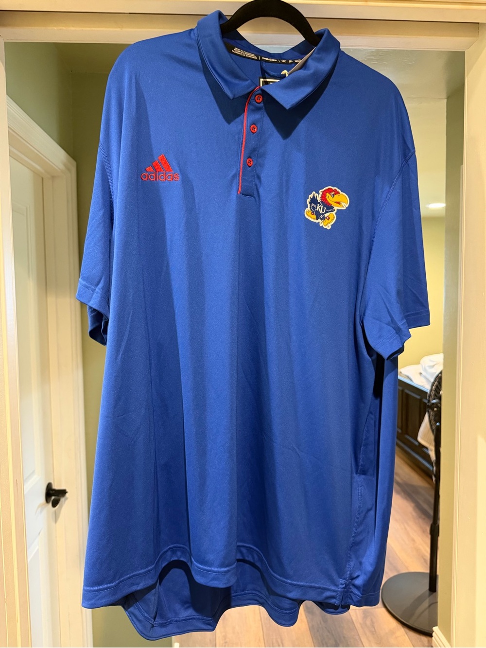 adidas Men's Royal Blue Polo with Red Accents and Jayhawk Patch